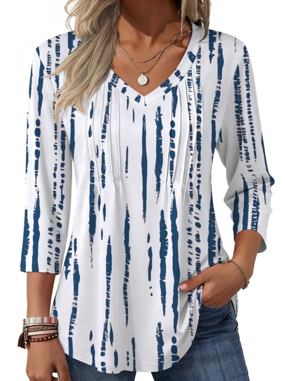 3/4 Length Sleeve Womens Tops V Neck Pleated Boho Floral Blouses